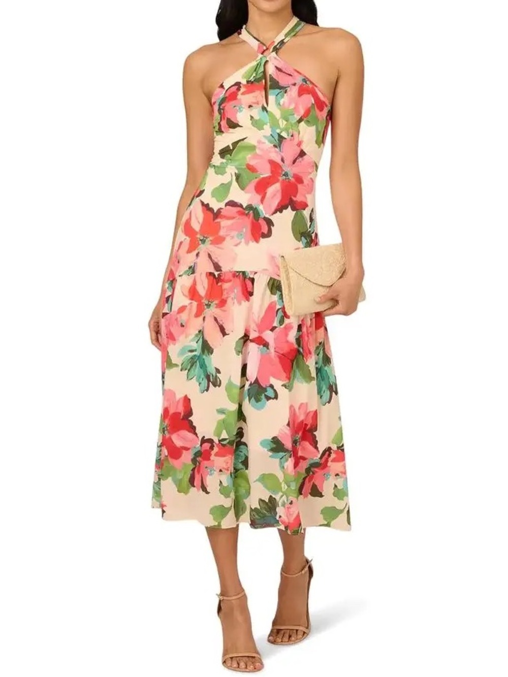 Adrianna Papell Halter Flounce Midi Dress Women’s Size 2 NWT Blush/Multi